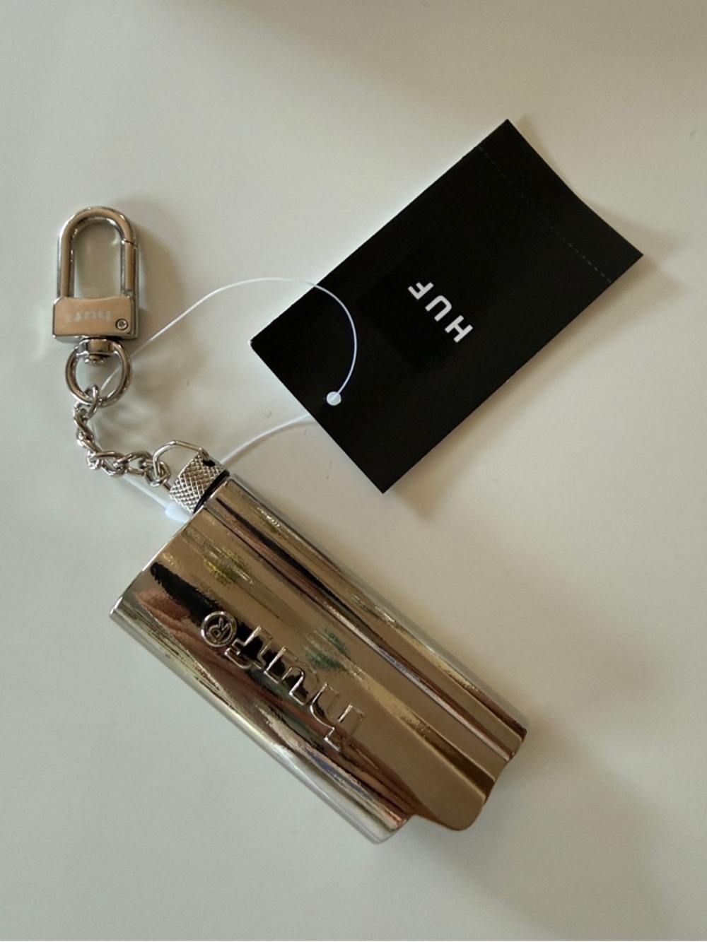 HUF Silver Polished Metal Keychain & Lighter Holder